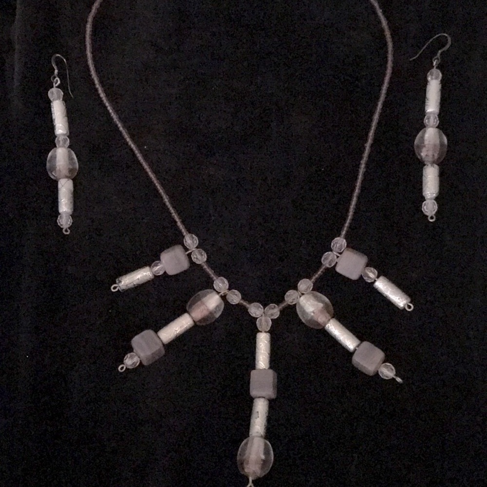 Silver and mauve beaded necklace and earrings